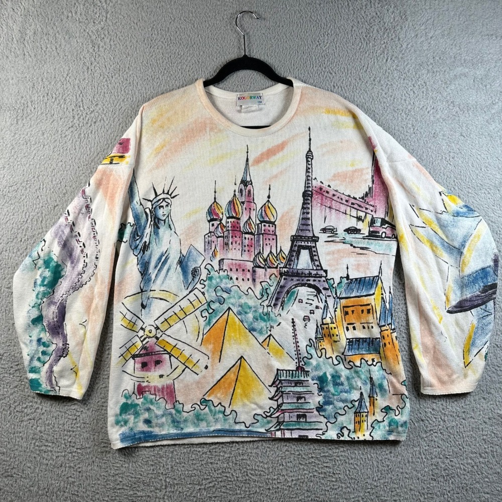 Vintage Kolorway Sweater World Landmarks Hand Painted Art Print Travel Sz L Rare